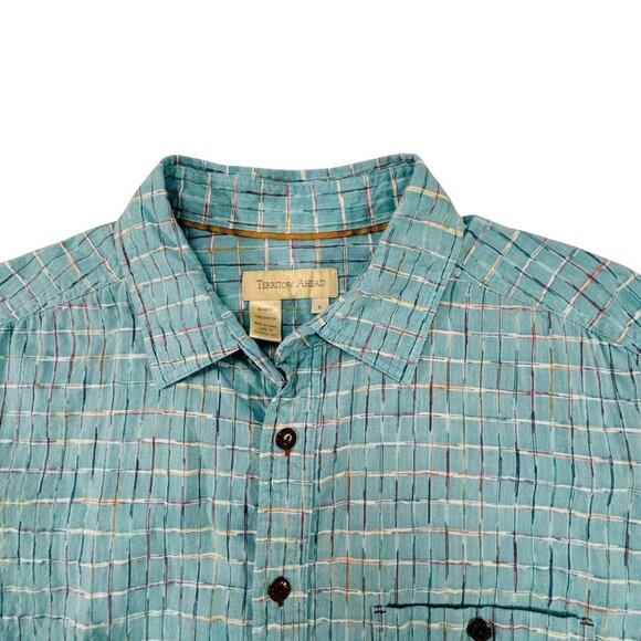 Territory Ahead Sz L Teal Green Geometric Print Short Sleeve Button Front Shirt - Picture 3 of 10